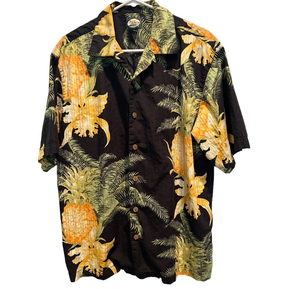 Tommy Bahama Pineapple Shirt Medium Men's Black Tropical Cotton Camp Button Up